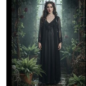 Vintage ADONNA Black Nylon Nightgown Peignoir Sweep Back Lace Strappy Large‎ NWT